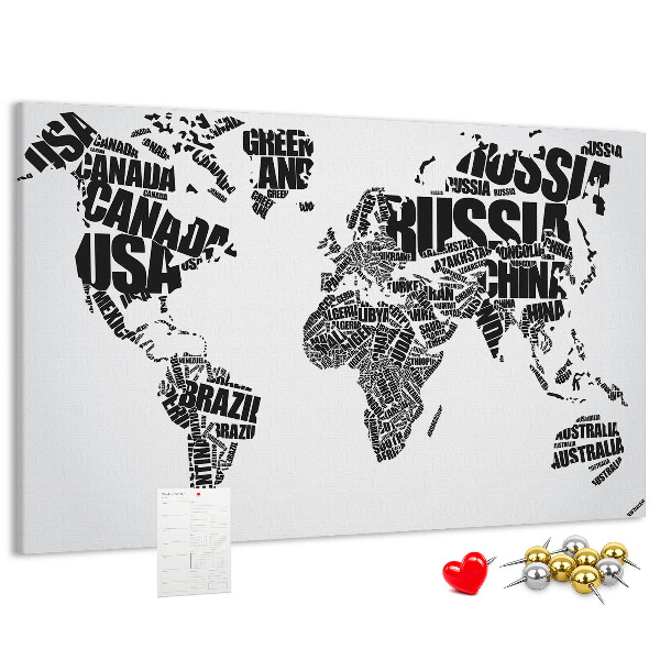 Tablero de anuncios Mapa del mundo con los nombres de los países en palabras.