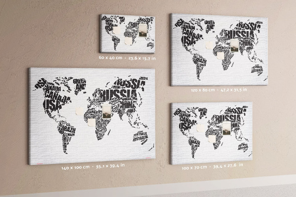 Tablero de anuncios Mapa del mundo con los nombres de los países en palabras.