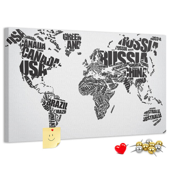 Tablero de anuncios Mapa del mundo con los nombres de los países en palabras.
