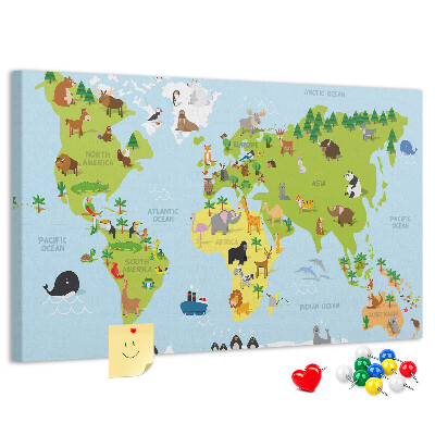 Pizarra de corcho Mapa del mundo con animales y continentes.