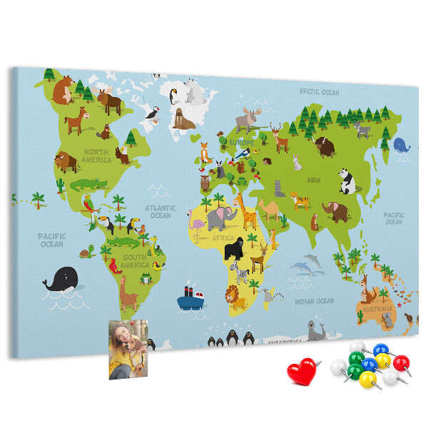 Pizarra de corcho mapa del mundo con animales y continentes