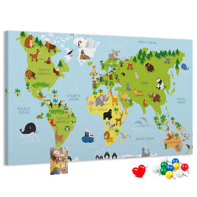 Pizarra de corcho mapa del mundo con animales y continentes