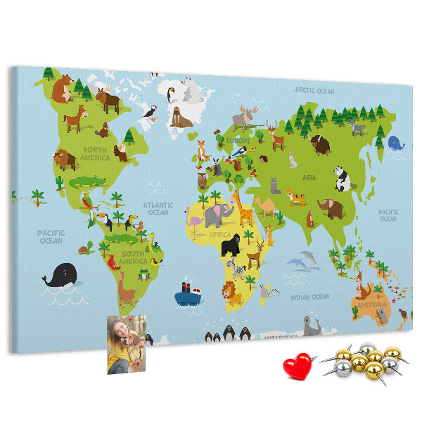Pizarra de corcho mapa del mundo con animales y continentes