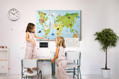 Pizarra de corcho mapa del mundo con animales y continentes