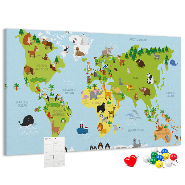 Pizarra de corcho mapa del mundo con animales y continentes