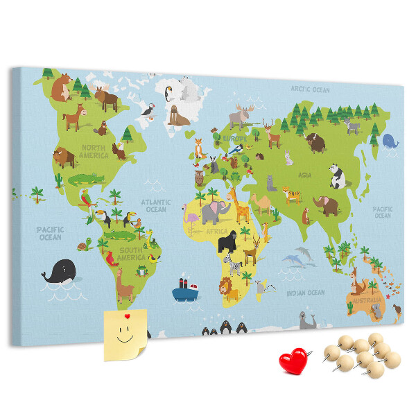 Pizarra de corcho mapa del mundo con animales y continentes
