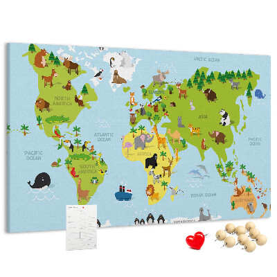 Pizarra de corcho mapa del mundo con animales y continentes