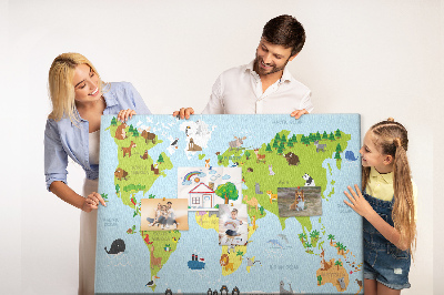 Pizarra de corcho mapa del mundo con animales y continentes