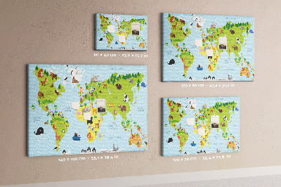 Pizarra de corcho mapa del mundo con animales y continentes