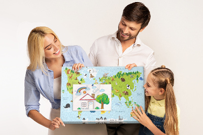 Pizarra de corcho mapa del mundo con animales y continentes