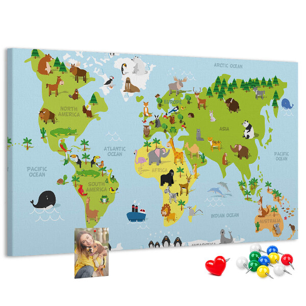 Pizarra de corcho mapa del mundo con animales y continentes