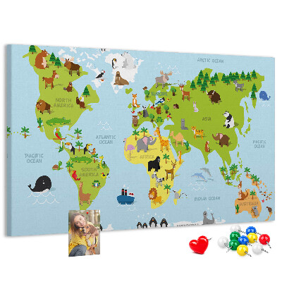 Pizarra de corcho mapa del mundo con animales y continentes