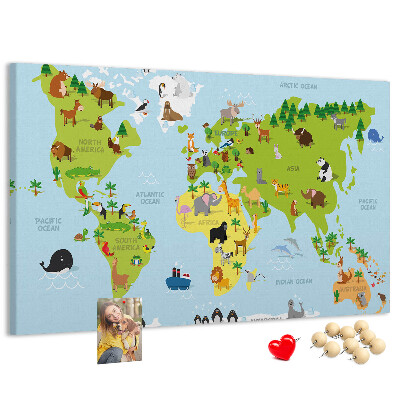 Pizarra de corcho mapa del mundo con animales y continentes