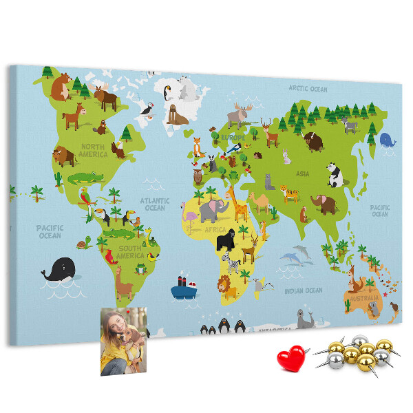 Pizarra de corcho mapa del mundo con animales y continentes
