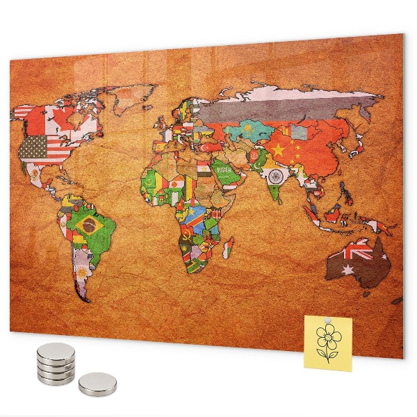 Pizarra magnética de cristal Mapa del mundo con banderas