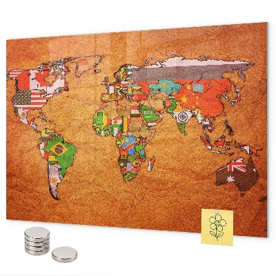 Pizarra magnética de cristal Mapa del mundo con banderas