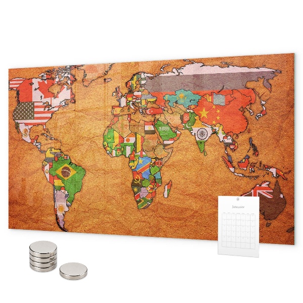 Pizarra magnética de cristal Mapa del mundo con banderas