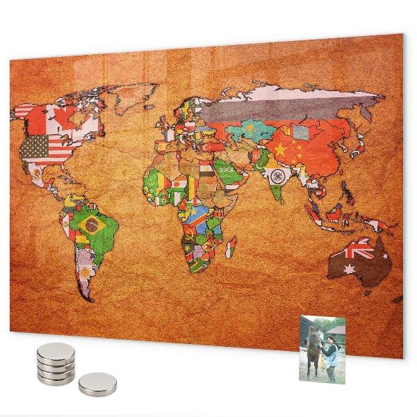 Pizarra magnética de cristal Mapa del mundo con banderas