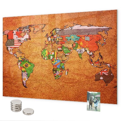 Pizarra magnética de cristal Mapa del mundo con banderas