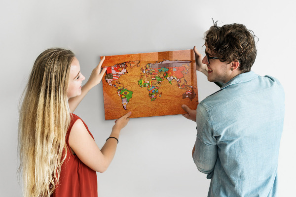Pizarra magnética de cristal Mapa del mundo con banderas