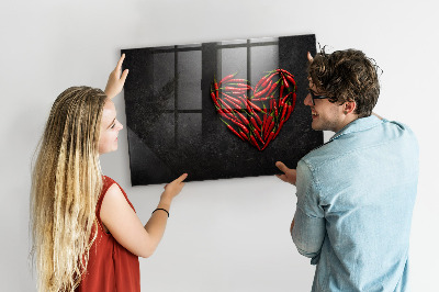 Pizarra borrable de cristal con imanes Un corazón de pimientos y fotos de recuerdos