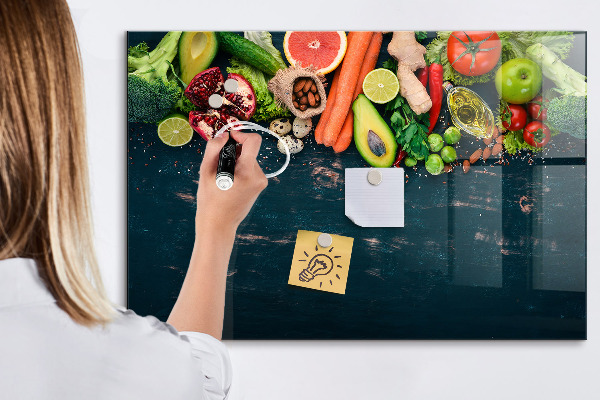 Pizarra borrable de cristal con imanes Inspiraciones culinarias coloridas en la pared