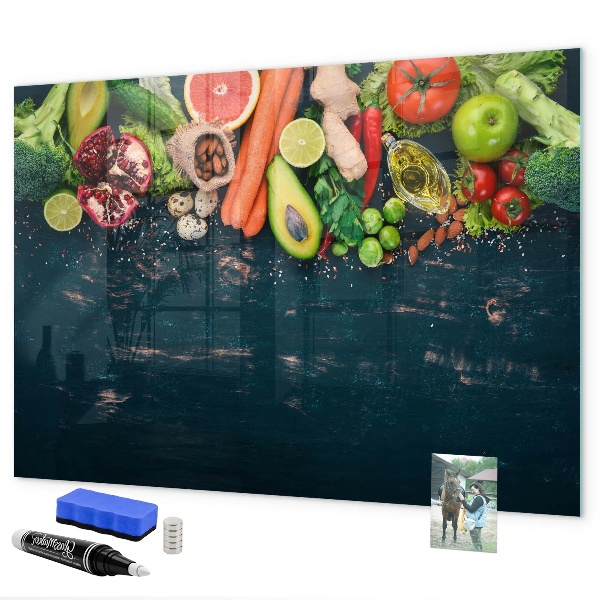 Pizarra borrable de cristal con imanes Inspiraciones culinarias coloridas en la pared