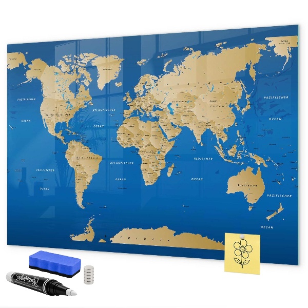 Pizarra borrable de cristal con imanes Mapa del mundo con lugares para marcar.
