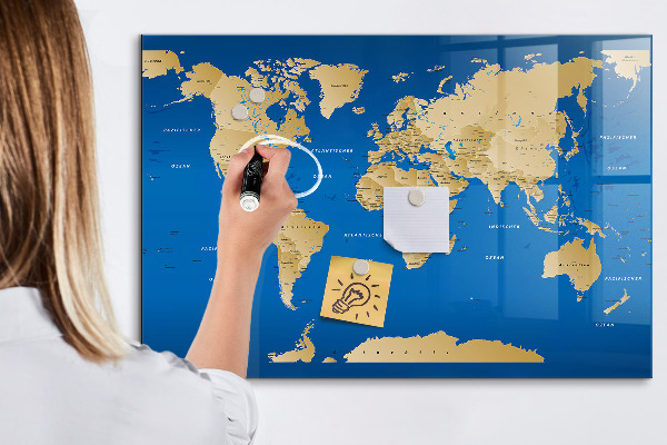 Pizarra borrable de cristal con imanes Mapa del mundo con lugares para marcar.