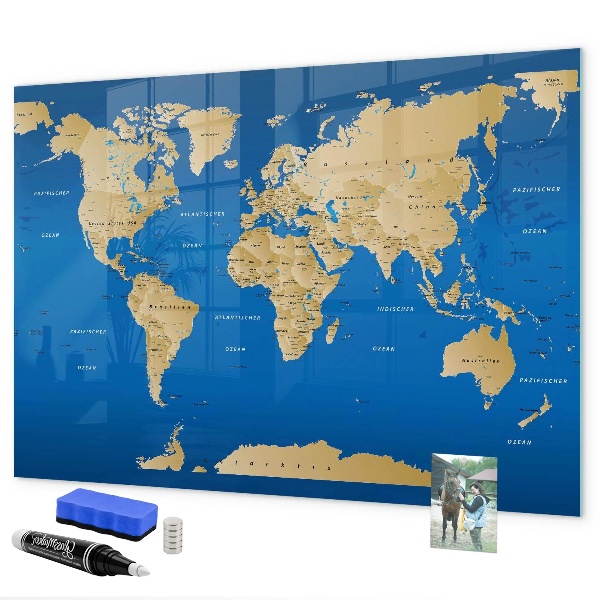 Pizarra borrable de cristal con imanes Mapa del mundo con lugares para marcar.