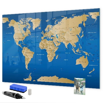 Pizarra borrable de cristal con imanes Mapa del mundo con lugares para marcar.