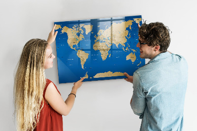 Pizarra borrable de cristal con imanes Mapa del mundo con lugares para marcar.