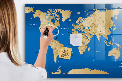 Pizarra borrable de cristal con imanes Mapa del mundo con lugares para marcar.