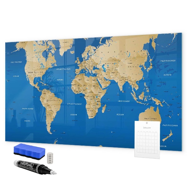 Pizarra borrable de cristal con imanes Mapa del mundo con lugares para marcar.