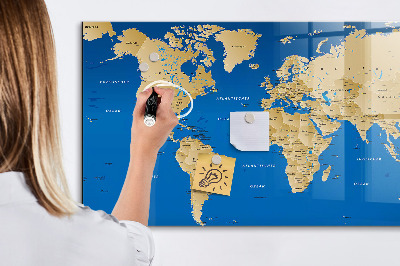 Pizarra borrable de cristal con imanes Mapa del mundo con lugares para marcar.