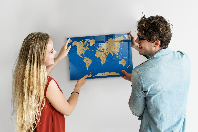 Pizarra borrable de cristal con imanes Mapa del mundo con lugares para marcar.