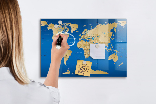 Pizarra borrable de cristal con imanes Mapa del mundo con lugares para marcar.