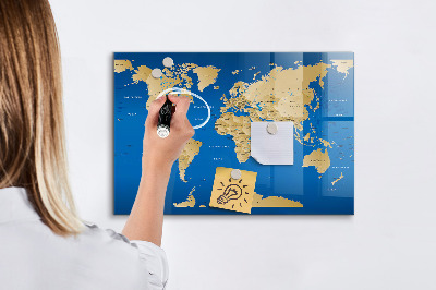 Pizarra borrable de cristal con imanes Mapa del mundo con lugares para marcar.