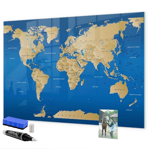 Pizarra borrable de cristal con imanes Mapa del mundo con lugares para marcar.