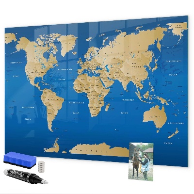 Pizarra borrable de cristal con imanes Mapa del mundo con lugares para marcar.