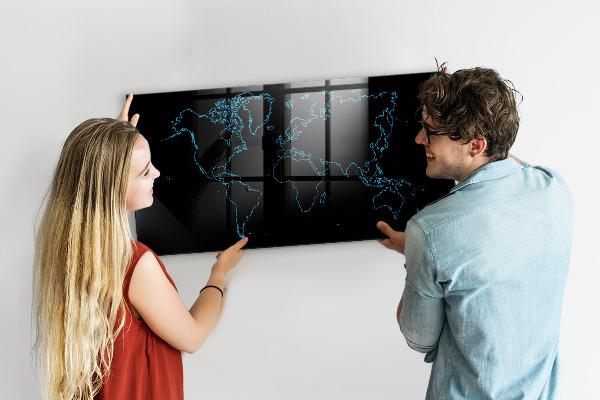 Pizarra borrable de cristal con imanes Mapa del mundo con ubicaciones de fotos
