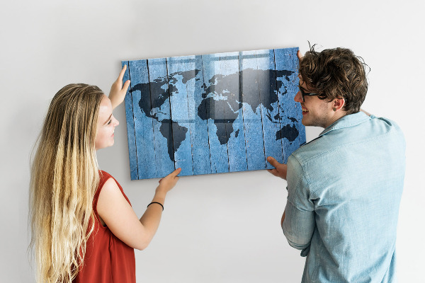 Pizarra borrable de cristal con imanes Mapa del mundo con ubicaciones de fotos