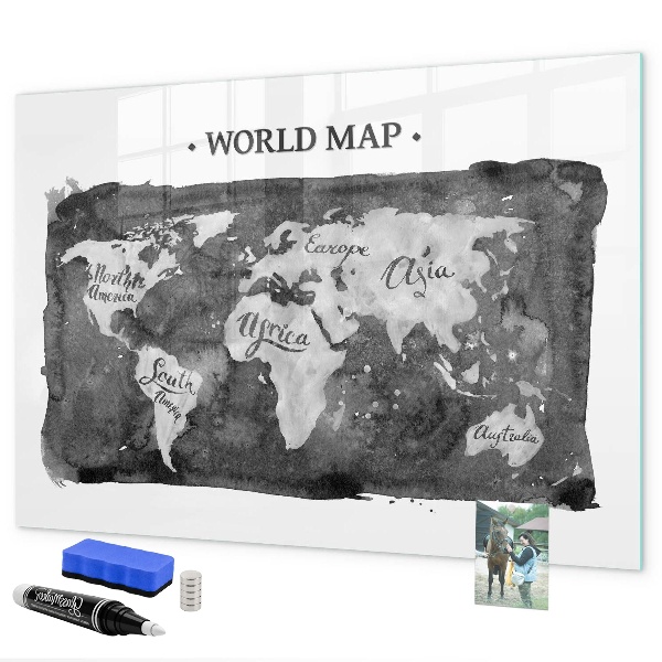 Pizarra borrable de cristal con imanes Mapa del mundo con ubicaciones de fotos