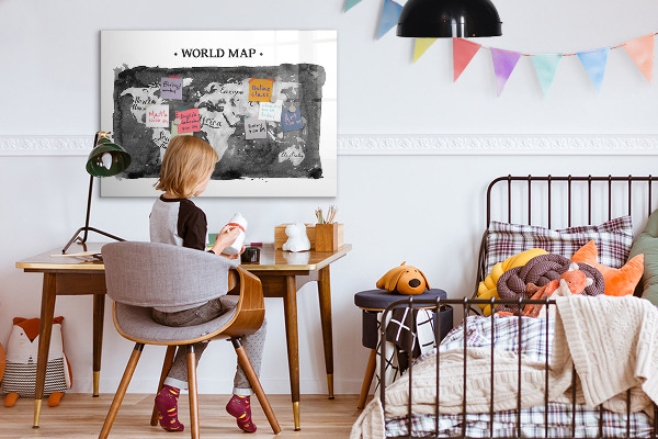 Pizarra borrable de cristal con imanes Mapa del mundo con ubicaciones de fotos