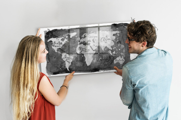Pizarra borrable de cristal con imanes Mapa del mundo con ubicaciones de fotos