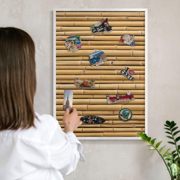 Tablero magnético de pared para imanes con marco blanco Patrón de bambú