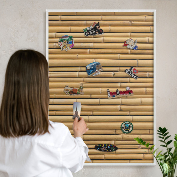 Tablero magnético de pared para imanes con marco blanco Patrón de bambú