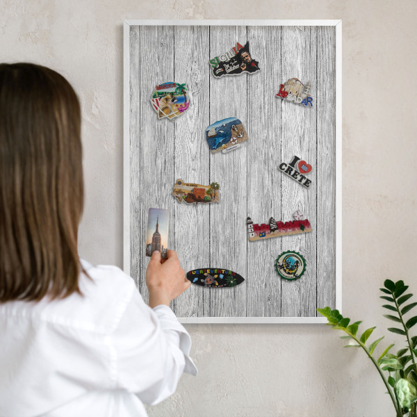 Tablero magnético de pared para imanes con marco blanco Textura de madera