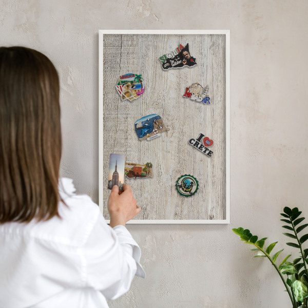 Tablero magnético de pared para imanes con marco blanco Textura de madera