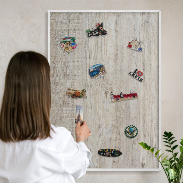 Tablero magnético de pared para imanes con marco blanco Textura de madera